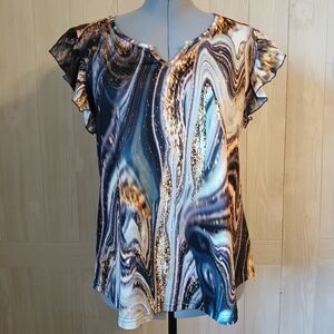 Women's Size L Colorful Glitter Metallic Element Swirl Ruffled Cap Sleeves